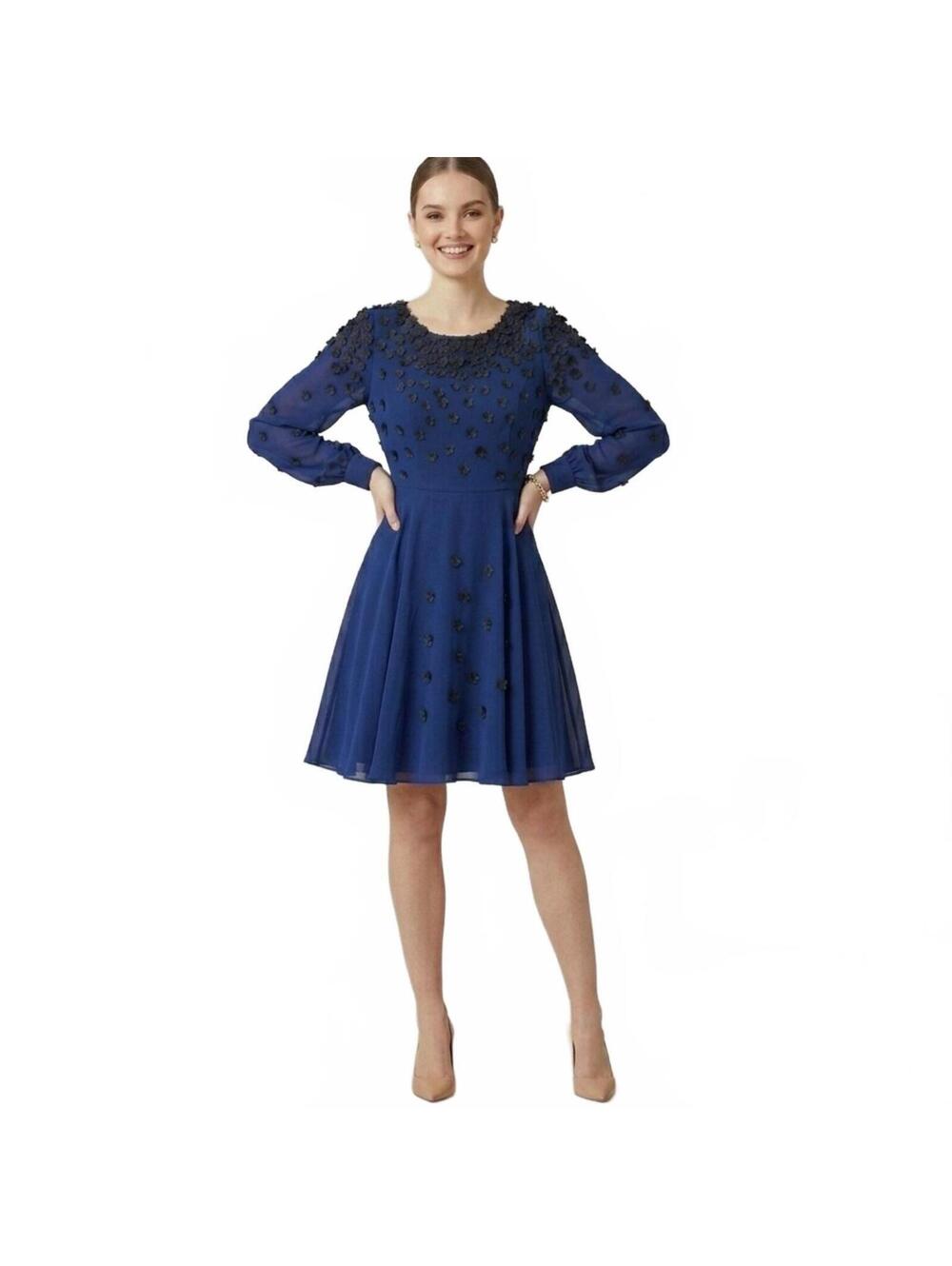 Focus by Shani Women’s Whimsigoth Floral Appliqué Navy Fit & Flare Dress Size 6